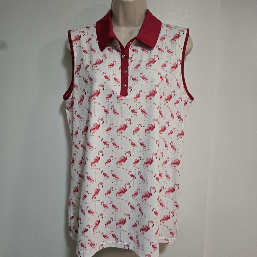 Coral Bay Golf Size L  Sleeveless Polo Shirt All-Over Flamingo Tropical Print